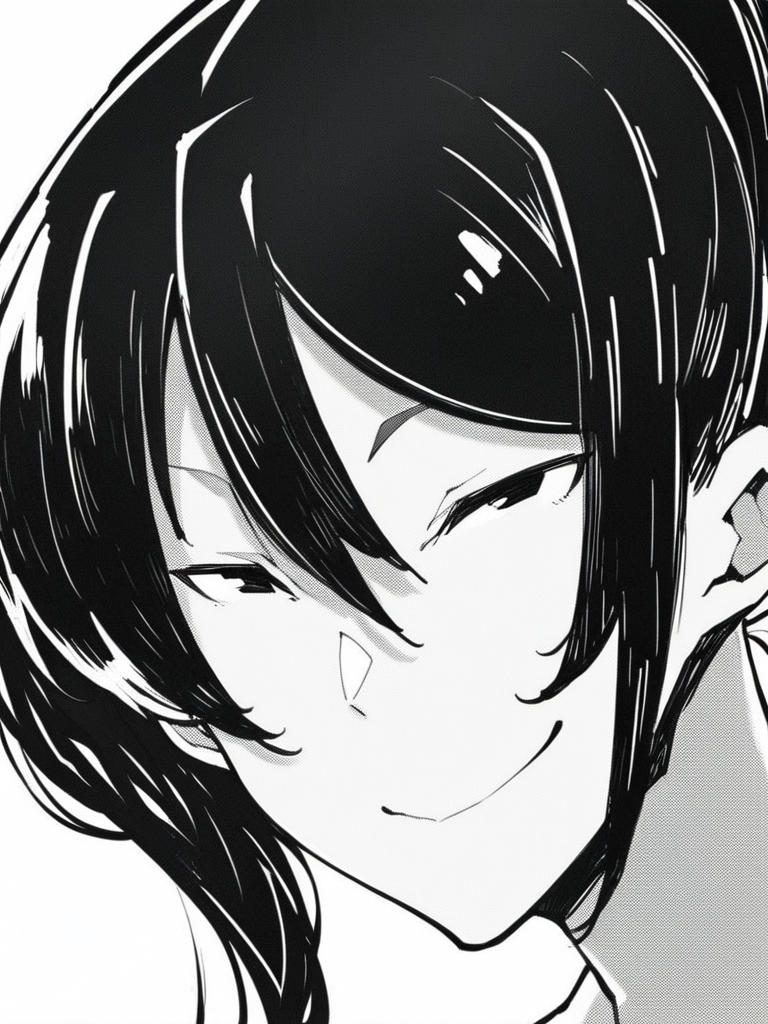 score_9, score_8_up, score_7_up,  
1girl, monochrome, musuzu mw, black hair, ponytail, black eyes, 
white background, face, close-up, looking at viewer, smile, closed mouth, narrowed eyes,
