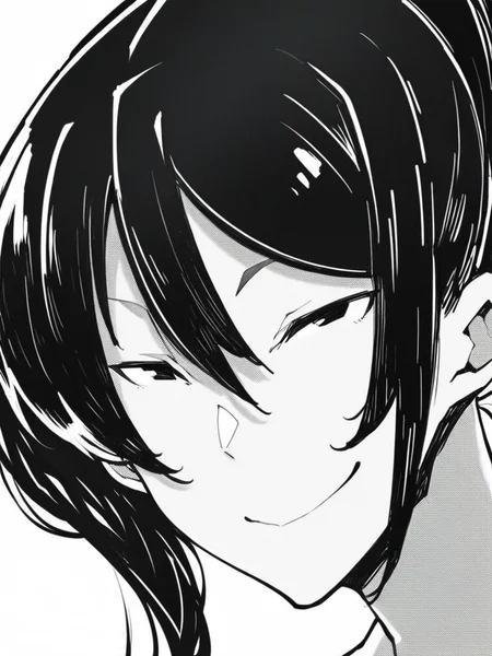 score_9, score_8_up, score_7_up,
1girl, monochrome, musuzu mw, black hair, ponytail, black eyes,
white background, face, close-up, looking at viewer, smile, closed mouth, narrowed eyes,