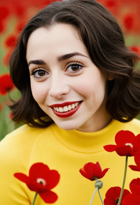 <lora:Cristin Milioti v1 bigLust_v16 TaR:1> cristin milioti, makeup, smile, teeth, yellow sweater, closeup, red flower field, shot on Leica T, photo by Tim Walker
<lora:dmd2_sdxl_4step_lora_fp16:1>