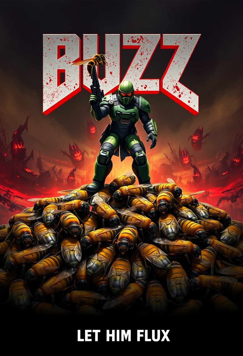 video game poster, pile of lying bees on each other, brutal guy in green helmet and greet mecha suit  standing and holding one bee brutally in hand, gun in other hand, standing on top of the pile, title of the game: "BUZZ" doom style title, hellscape background, smaller subtext below "LET HIM FLUX"