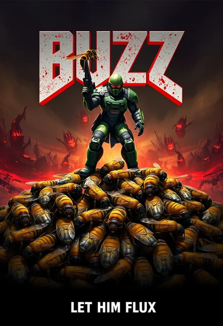 video game poster, pile of lying bees on each other, brutal guy in green helmet and greet mecha suit  standing and holding one bee brutally in hand, gun in other hand, standing on top of the pile, title of the game: "BUZZ" doom style title, hellscape background, smaller subtext below "LET HIM FLUX"
