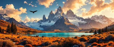 Panoramic view of the Chilean Patagonia with towering granite peaks of Torres del Paine rising majestically against a dramatic sky of swirling clouds and golden sunlight. Crystal-clear turquoise lakes reflect the jagged mountain silhouettes, surrounded by rolling grasslands and vibrant autumn-colored southern beech forests. Guanacos graze peacefully in the foreground while an Andean condor soars overhead. Wind-sculpted ice formations cling to the mountainsides, contrasting with the lush vegetation below. Ancient glaciers extend from the Southern Patagonian Ice Field, their blue-white surfaces fractured into geometric patterns. Photorealistic, 8K resolution, golden hour lighting creating long shadows across the vast wilderness. Epic sense of scale with tiny hikers visible on distant trails for perspective. <lora:RetroAnimeFluxV1:0.4> <lora:RM_Artistify_v1.0M:0.5> <lora:Synesthesia:0.4> <lora:Dark_Gothic_Comic_style_v.2:0.6> <lora:flux_dev:1>