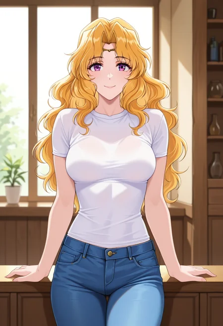 masterpiece, best quality, amazing quality, absurdres, 1girl, solo, cowboy shot, melissaww, mature female, purple eyes, blonde hair, long hair, wavy hair, parted bangs, circlet, medium breasts, t-shirt, jeans, looking at viewer, smile, indoors, day, skindentation, detailed clothing folds, depth of field, sharp, high contrast, dynamic light <lora:Melissa_Mahou_Senshi_Louie_ill_v12:0.9>