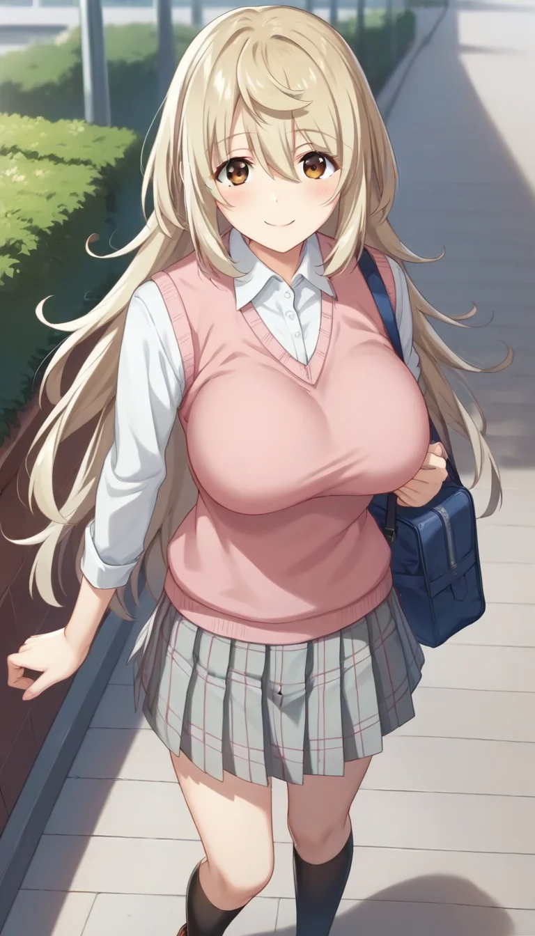 score_9,score_8_up,score_7_up,score_6_up BREAK official art,solo,outdoors,cowboy shot,looking at viewer,facing viewer,smile,blush,Ookami Hinako,very long hair,light brown hair,sidelocks,hair between eyes,bangs,brown eyes,taut clothes,school uniform,sweater vest,pink vest,white shirt,collared shirt,dress shirt,long sleeves,large breasts,miniskirt,grey skirt,plaid skirt,pleated skirt,black socks,loafers,<lora:Ookami Hinako(oswt)-Pony:1.5>,