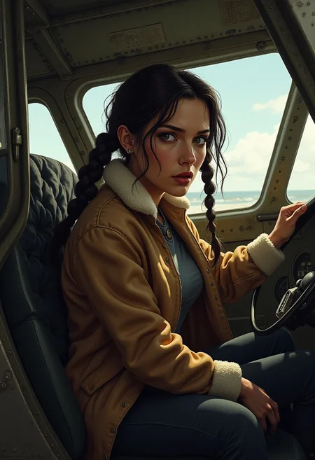 pulp illustration of Lara Croft, the Tomb Raider, wearing a fleece bomber jacket entering the cockpit of a 1930s cargo plane with a shocked expression as she sees two empty pilot seats. The shot is from the outside of the cockpit looking in and we see a little of the metal riveted fuselage. High contrast, dynamic composition, gritty and realistic, with a cinematic feel.