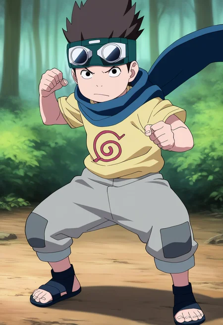 best quality, amazing quality, very aesthetic, absurdres,
1boy, konohamaru, spiked hair, black eyes, brown hair,
scarf, goggles on head, yellow shirt, grey pants, sandals, short sleeves,
konohagakure symbol, 
fighting stance, full body, looking at viewer, solo, standing, outdoors, forest,    <lora:KonohamaruNoobXL_byKonan:1>