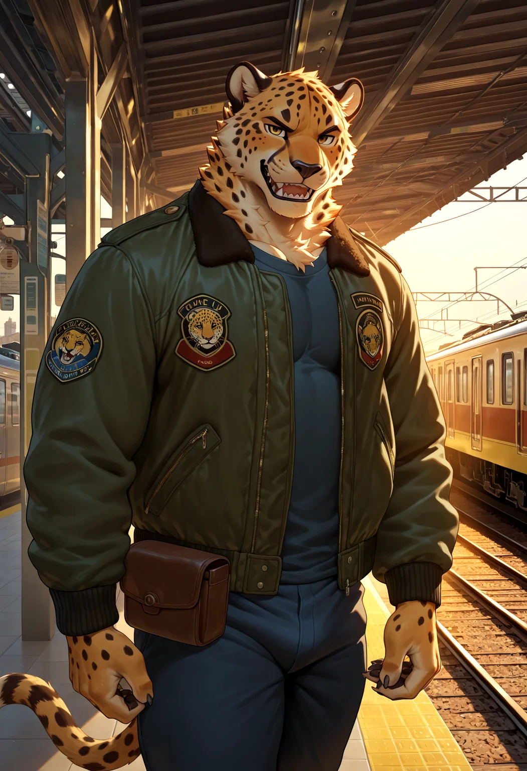 4k, score_9, score_8_up, score_7_up, mature, male focus, male, (detailed face), (detailed eyes), sharp focus, masterpiece, best quality, amazing quality, good lighting, anthro, male focus, furry male, sharp teeth, furry, bara, 5finger, Cheetah anthro, Cheetah dappled fur, braiding fur, vintage train station, crisp daylight, bomber jacket, determined, velvet pouch, l1ndong,