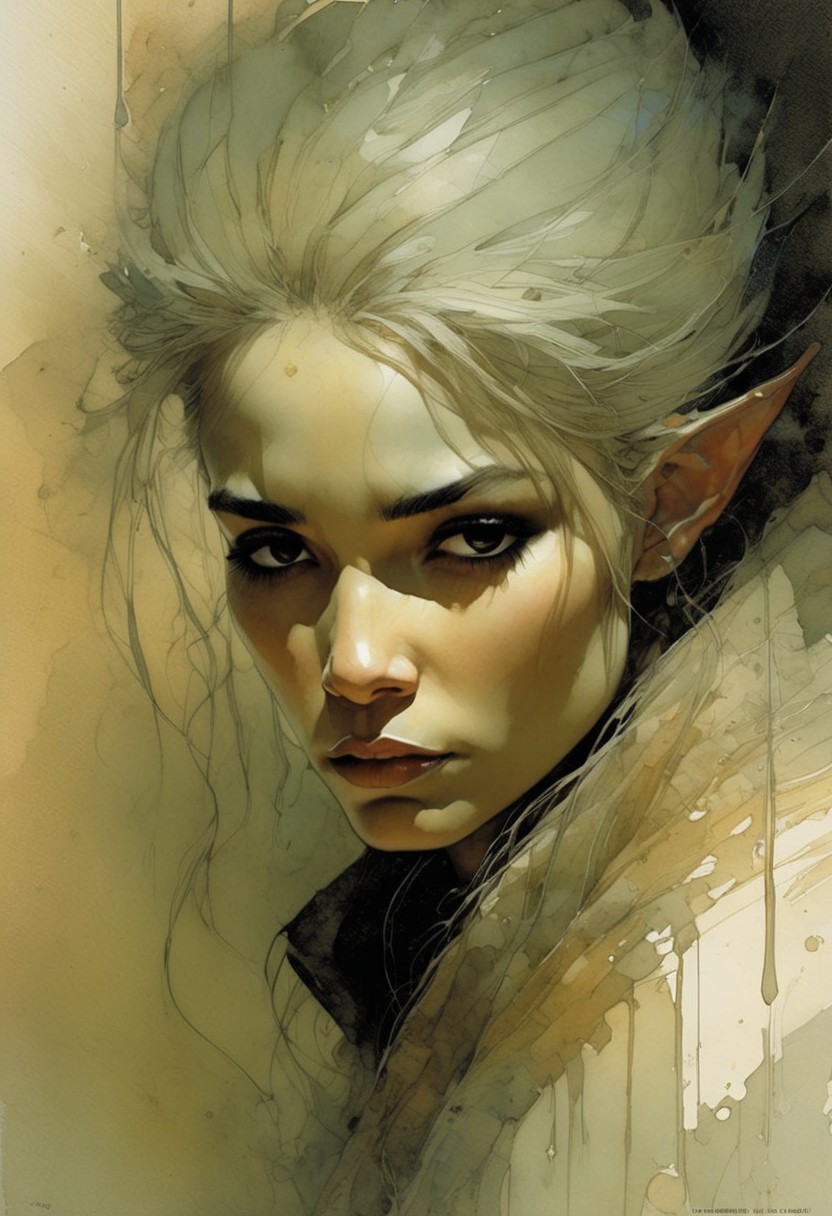 ( Masterpiece, Best Quality, Highres:1.4), (dramatic, cinematic:1.2) color wash, ink wash, illustration, storytelling, ligne claire portrait of Dalelands githyanki rogue with long elf ears, by Chien Chung Wei, Jaroslava Korol, carson ellis, nixri, Travis Charest, Emile Friant, Adam Hughes with bill sienkiewicz and marilyn minter influence, 70s folk cinema palette :: very small nose, (detailed anatomy and defined musculature:1.0) prominent cheekbones, looking at viewer, (tired depressed frustrated expression:1.2), focus on the face, strong stance, impressive view, deep salt-desert backdrop (sand, clay and ultraviolet hues:1.0) high-contrast lighting (rough details, (male focus:1.5):1.2), (desaturated, cold lighting:1.4) (hyperdetailed, absurdres:1.15)