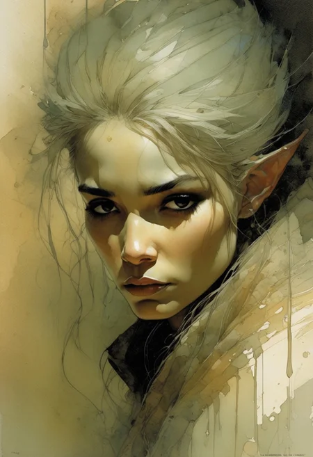 ( Masterpiece, Best Quality, Highres:1.4), (dramatic, cinematic:1.2) color wash, ink wash, illustration, storytelling, ligne claire portrait of Dalelands githyanki rogue with long elf ears, by Chien Chung Wei, Jaroslava Korol, carson ellis, nixri, Travis Charest, Emile Friant, Adam Hughes with bill sienkiewicz and marilyn minter influence, 70s folk cinema palette :: very small nose, (detailed anatomy and defined musculature:1.0) prominent cheekbones, looking at viewer, (tired depressed frustrated expression:1.2), focus on the face, strong stance, impressive view, deep salt-desert backdrop (sand, clay and ultraviolet hues:1.0) high-contrast lighting (rough details, (male focus:1.5):1.2), (desaturated, cold lighting:1.4) (hyperdetailed, absurdres:1.15)