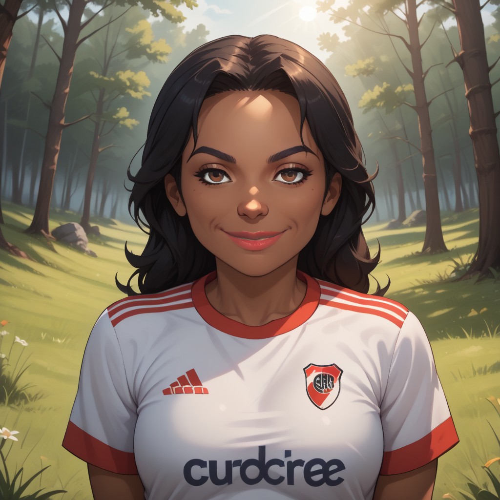 score_9, score_8, BREAK, solo, wii, mii, wii sports, 1girl, female mii, brown eyes, black hair, black eyebrows, lips, dark skin, RiverPlate, striped shirt, striped, shirt, white shirt, short sleeves, clothes writing, sportswear, soccer uniform, nintendo mii, modern_mii, classic_mii, breasts, Maria_(Wii_Sports), dark skin female, sexy pose, self portrait, smile, looking at viewer, outdoors, sunlight, shadows, evening lighting, natural lighting, forest, trees, grass, orange sky, sunset