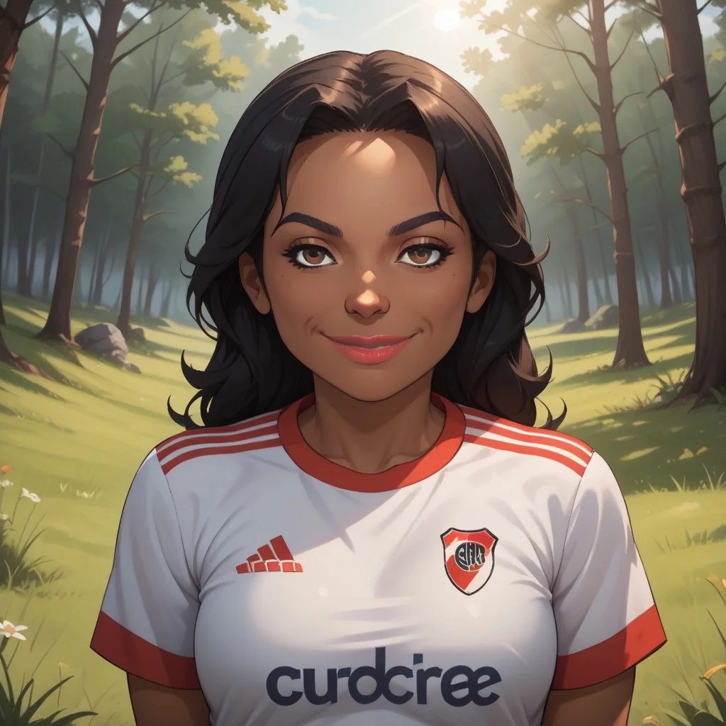 score_9, score_8, BREAK, solo, wii, mii, wii sports, 1girl, female mii, brown eyes, black hair, black eyebrows, lips, dark skin, RiverPlate, striped shirt, striped, shirt, white shirt, short sleeves, clothes writing, sportswear, soccer uniform, nintendo mii, modern_mii, classic_mii, breasts, Maria_(Wii_Sports), dark skin female, sexy pose, self portrait, smile, looking at viewer, outdoors, sunlight, shadows, evening lighting, natural lighting, forest, trees, grass, orange sky, sunset