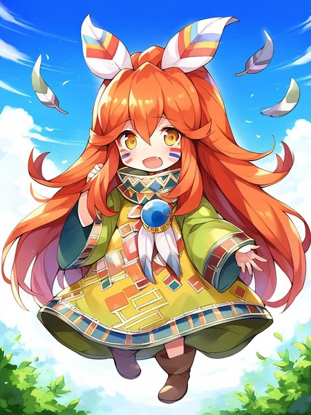 score_9, score_8_up, score_7_up, source_anime, rating_explicit, BREAK <lora:Popoi_XL:1>
Popoi, long hair, androgynous, feather hair ornament, hair ornament, feathers, red hair, facepaint, facial mark, orange hair, yellow eyes, very long hair, hair between eyes,
full body, solo, poncho, tunic, blush, open mouth, fang, looking at viewer
forest, sky,