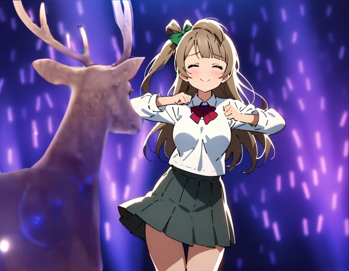 masterpiece, best quality, ultra detailed, highres,4k,(ultra-detailed:1.4) (illustration:0.5), (ray tracing,:0.8),(anime colored:0.7),(ai-generated:0.5), 
1girl,solo,
minami kotori, love live!
<lora:shikanokonokonokokoshitantanXL1:1>,shikanokonokonokokoshitantan,
>:),closed eyes,
school uniform, deer, glowstick, skirt,holding stick,dancing,crowd,