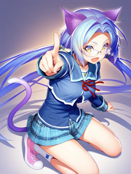perfect quality,best quality,absolutely eye-catching,ambient occlusion,raytracing BREAK
1girl,<lora:merikuru seisyunn IL v1.1:1>,seisyunn,green eyes,cat ears,blue hair,low twintails,glasses,blue school uniform,pleated skirt,plaid skirt,neck belt,miniskirt,socks,pink shoes,cat tail,long sleeves,, panorama,close-up,kneeling,pointing_at_viewer,reaching,knees_together_feet_apart,