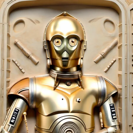 plain background, soft lighting, even lighting, soft shadows, masterpiece, portrait, bas-releif, (c3po), <lora:BAS-RELIEF:1.5> BAS-RELIEF page <lora:c3po:1>
