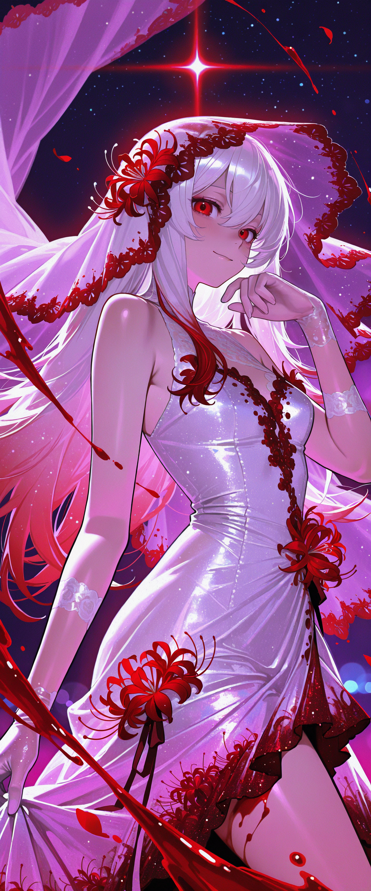 absurdres, high_quality, newest, incredibly_absurdres, very aesthetic, underlighting, painterly, film_grain, blurry_background, bokeh, grainy_texture, glowing, vibrant, seductive, curvy, very_long_hair, iridescent_hair  magic, glitter_dress wedding_dress bloody sequins, cowboy_shot blood (falling_petals 1girl albino bare_shoulders blood blood_on_face blood_stain bridal_veil yandere closed_mouth dress flower gloves hair_between_eyes yandere_trance holding_skull looking_to_the_side lotus moonlight night night_sky pale_skin petals red_eyes red_flower skull sky sleeveless sleeveless_dress dark_aura magic magic_user splashing blood_splatter swirls smile solo spider_lily veil wedding_dress white_dress white_flower white_gloves white_hair white_spider_lily milkyway starry_sky outdoors moonbeam glint lens_flare, abstract, surreal)