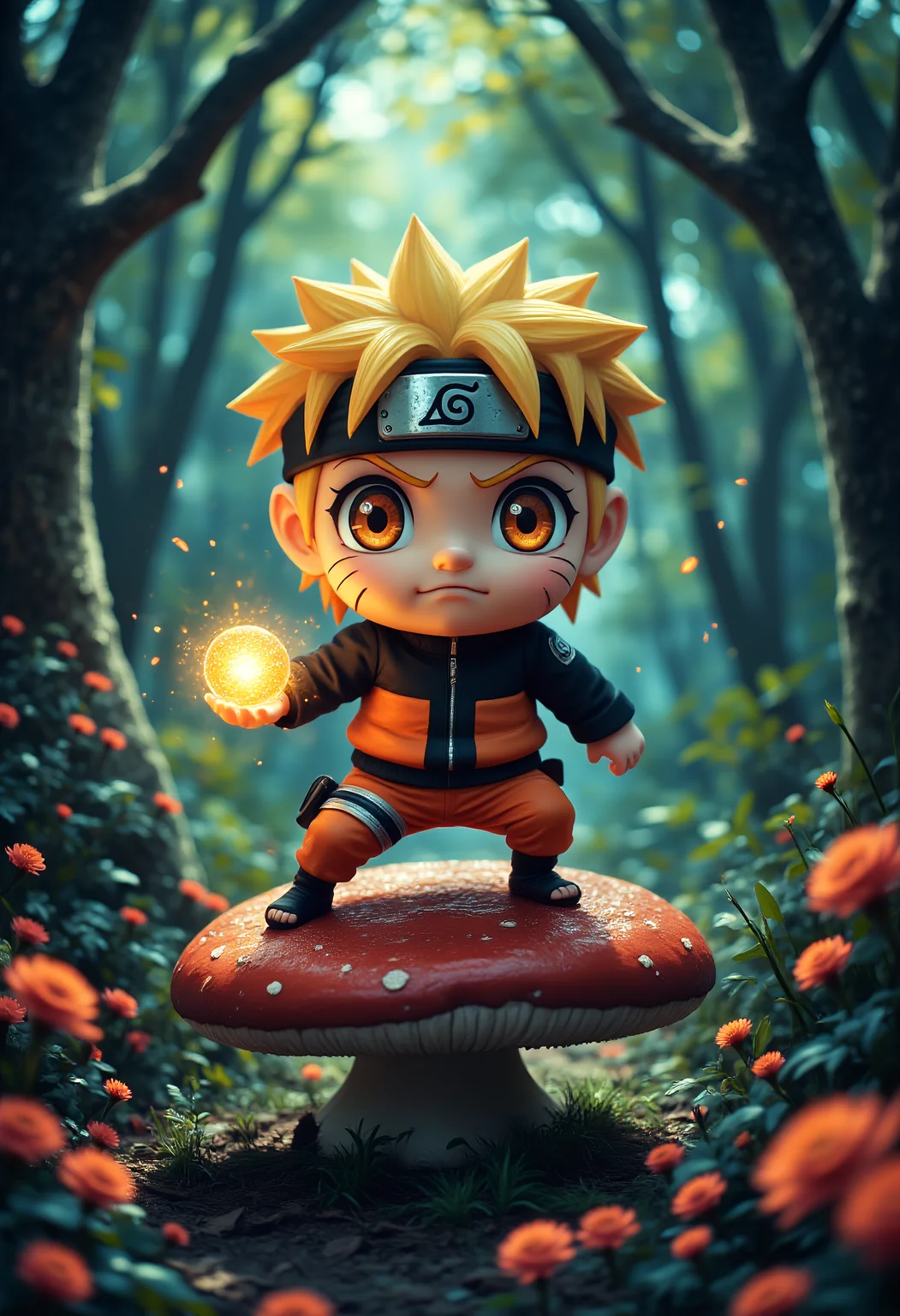 A chibi Naruto stands on a mushroom in a holding a glowing energy ball in both hands in a defensive pose, dense forest with glowing particles, colorful flowers, Ninja, Action