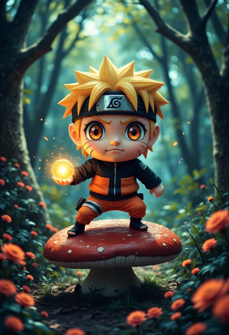 A chibi Naruto stands on a mushroom in a holding a glowing energy ball in both hands in a defensive pose, dense forest with glowing particles, colorful flowers, Ninja, Action