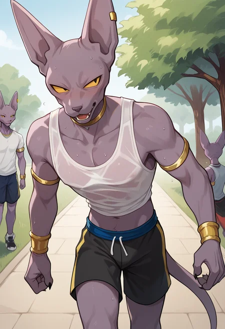 score_9, score_8_up, score_7_up,
((best quality)), absurdres,
<lora:BeerusPXL:1> BeerusPXL, slim figure, anthro, male, 1boy,
park, jogging, in motion, tank top, short shorts, translucent topwear, sweat, outdoors, half body portrait, black pupils, yellow sclera,
<lora:Smooth Anime Style LoRA XL:0.7> Smooth, Anime, <lora:Expressive_H:1> Expressiveh,