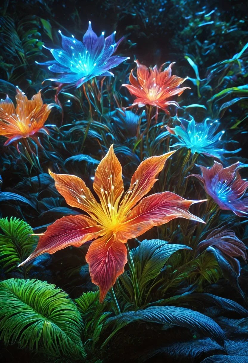 score_9, score_8_up, score_8, masterpiece, high detailed, very detailed, HD, best quality, hyper detailed, ultra detailed, super realistic, close-up, macro 100mm, macro photography,
incredibly beautiful Bioluminescent flowers in bright and saturated colors. Let it be a magical garden filled with exotic plants and bright buds. Add a soft light that creates an atmosphere of calm and harmony. Include a variety of shapes and textures of colors to emphasize their beauty and uniqueness. The background can be blurred to focus on the colors.
dynamic angle, dynamic lighting,