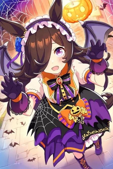 masterpiece,best quality,very aesthetic,absurdres,highres,newest,official art,official style,
1girl,solo,
rcs muv,rice shower (make up vampire!) (umamusume),rice shower (umamusume),
animal ears,bangs,bat wings,black bow,black bowtie,black skirt,
blue flower,blue rose,blush,boots,bow,bowtie,brooch,brown hair,
center frills,collared shirt,dress,eyebrows visible through hair,
flower,frilled hairband,frills,gloves,hair flower,hair ornament,hair over one eye,
hairband,halloween,high-waist skirt,horse ears,horse girl,horse tail,
jewelry,layered skirt,long hair,official alternate costume,orange bow,
puffy short sleeves,puffy sleeves,purple bow,purple eyes,purple footwear,purple gloves,
purple hairband,purple skirt,rose,shirt,short sleeves,skirt,spider web print,tail,violet eyes,white shirt,
standing,full body,
<lora:umamusume_rice_shower_ill_v1.0:1>,