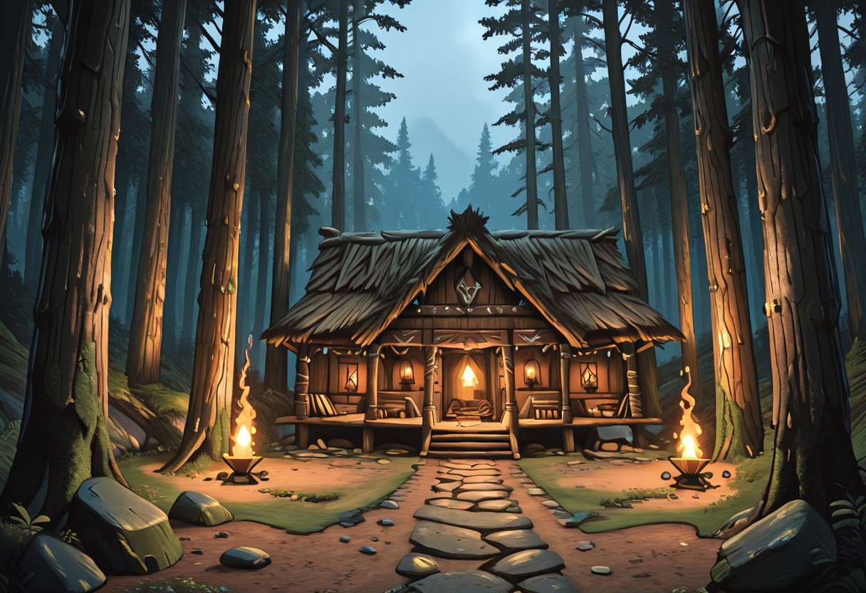 tribal wooden cabin in a secluded forest valley, surrounded by tall ancient trees, early morning mist, atmospheric light, enchanted mood, detailed rustic wood textures, tribal symbols and decorations on walls, shamanic ornaments, smoke rising from chimney, moss-covered stones around, sunlight softly piercing through tree branches, cinematic wide shot, warm earthy tones, mystical ambience, illustration style