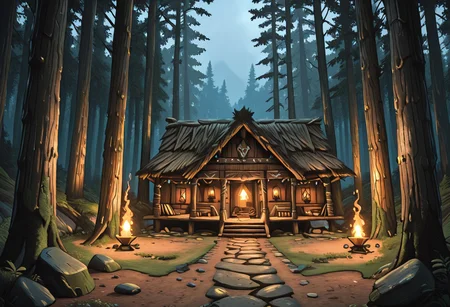 tribal wooden cabin in a secluded forest valley, surrounded by tall ancient trees, early morning mist, atmospheric light, enchanted mood, detailed rustic wood textures, tribal symbols and decorations on walls, shamanic ornaments, smoke rising from chimney, moss-covered stones around, sunlight softly piercing through tree branches, cinematic wide shot, warm earthy tones, mystical ambience, illustration style