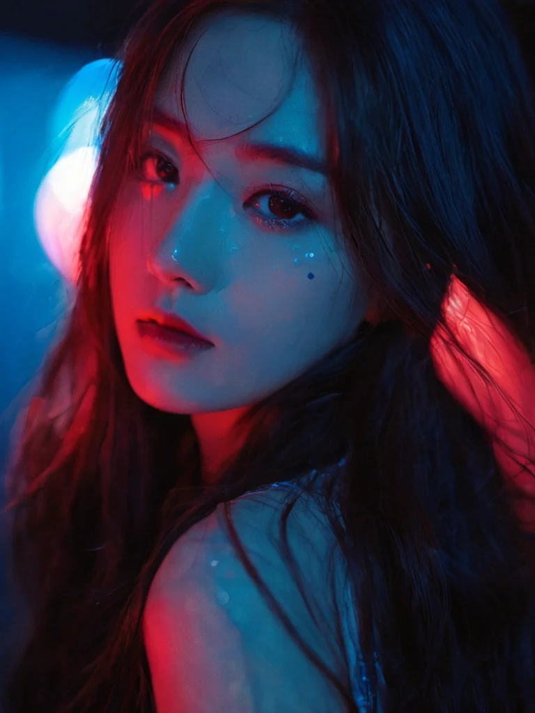 realstic,1girl, mysterious space, realism, best detail, realism, red and blue lights, wet girl, long hair, 85mm lens, aperture 1.5