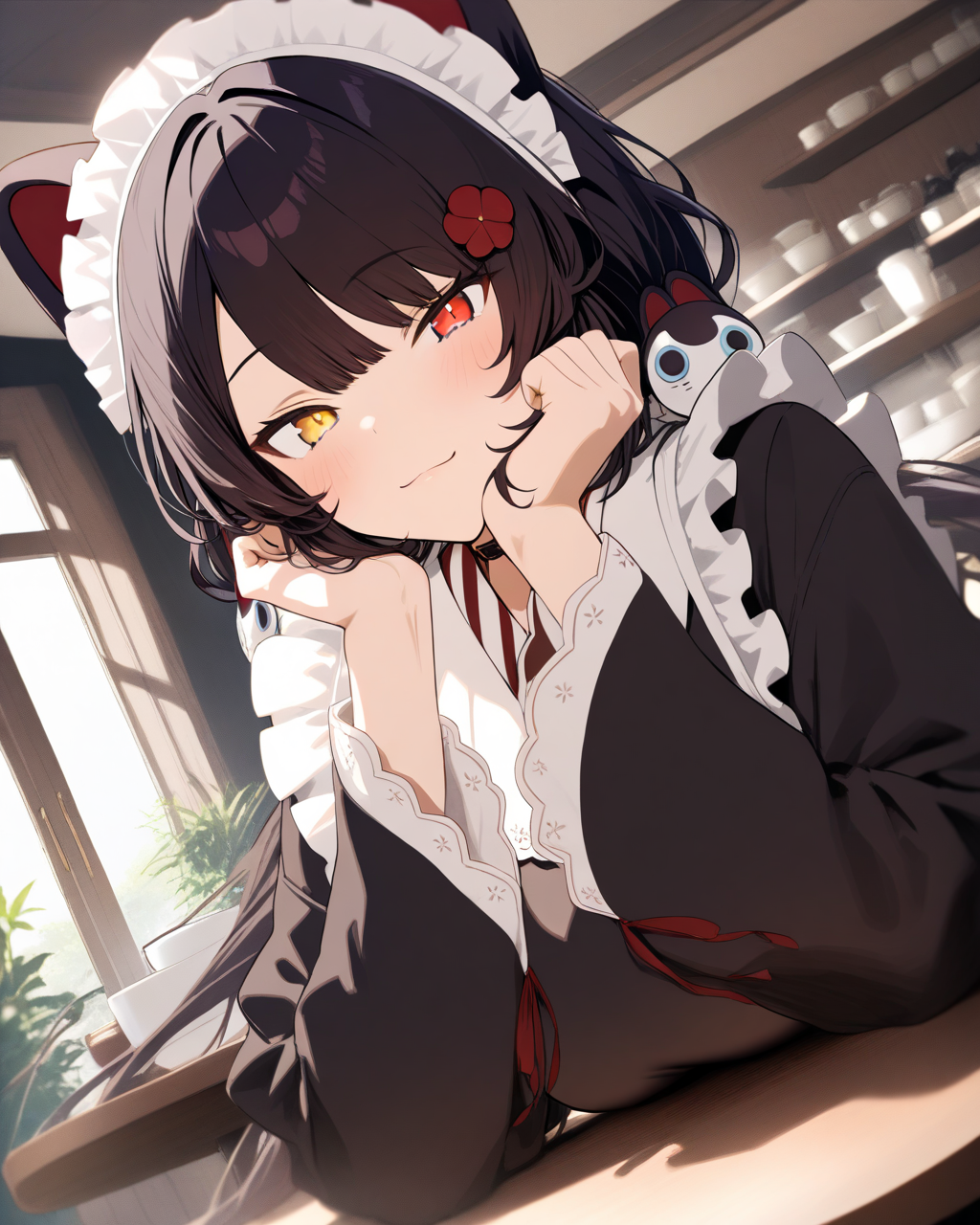 1girl, InuiTokoNijisanji, 
safe, solo, dutch angle, upper body,
smile,
maid headdress,
yellow eyes, red eyes,
low twintails, hair ornament,
face in hands,
hair flower,
black kimono, large breasts,
long sleeves, maid apron,
sitting, looking at viewer,
indoors, caffe, table,
<lora:kp_InuiTokoNijisanjiAnimagineXL_v1_1:1.0>,
masterpiece, high score, great score, absurdres