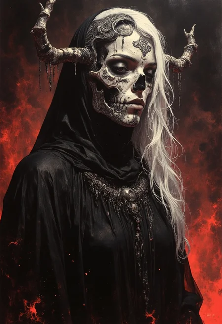Dark, ethereal figure shrouded in deep shadow and smoke, barely illuminated by faint, fiery light. A haunting skeletal mask with intricate carvings and dangling metallic adornments frames the figure's head, catching faint glimmers of light. Wisps of flowing, ghostly white hair cascade from beneath the mask, contrasting the darkness. The background is engulfed in smoldering red hues, with faint embers and flames flickering at the bottom of the image. The figure’s form appears abstract, blending into the mist and shadows, creating a sense of dread and mysticism. The atmosphere is foreboding, evoking themes of darkness, decay, and otherworldly power.