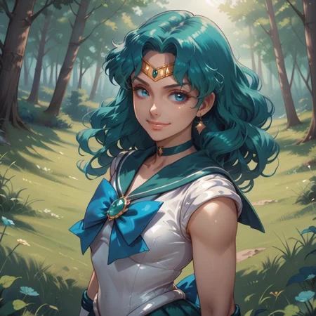 score_9, score_8, BREAK, solo, sailor neptune,1girl,medium hair,teal hair,curly hair,earrings,sailor senshi uniform,blue eyes,teal choker,tiara,teal sailor collar,blue bowtie,white shirt,elbow gloves,white gloves, pleated skirt, teal miniskirt, sexy pose, self portrait, smile, outdoors, sunlight, shadows, evening lighting, natural lighting, forest, trees, grass, orange sky, sunset
