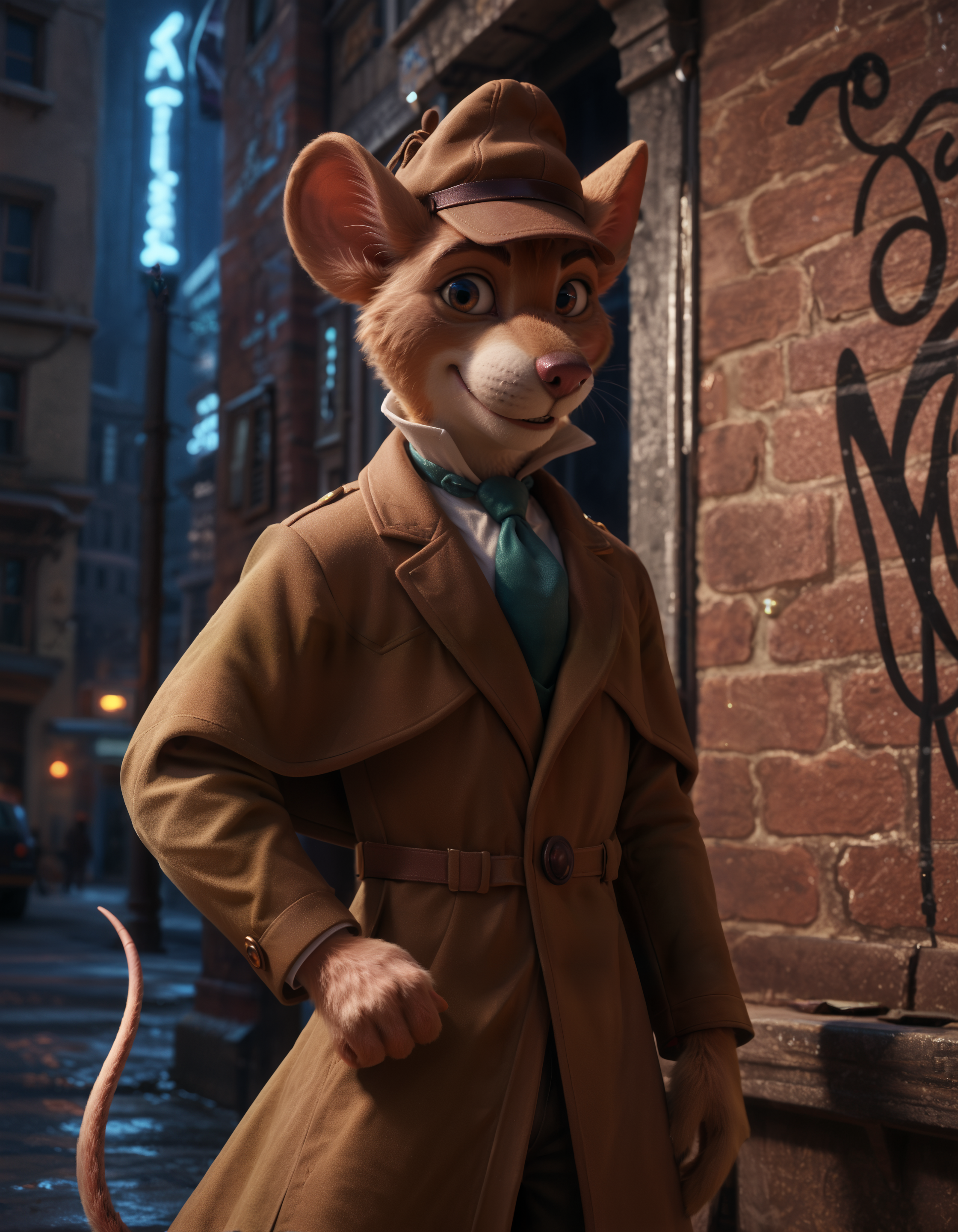 score_9, score_8_up, score_7_up BREAK source_furry, rating_safe, SSAO, detailed, (depth of field:1.1), detailed shadows, ambient occlusion, cinematic lighting, particles, graffiti, ray tracing, reflections, decals, masterpiece, best quality, ultra realistic, detailed eyes, 4k, 2k, film photography, RAW photo, photorealistic, analog style, subsurface scattering, photorealism, detailed eyes, perfect eyes, <lora:add-detail-xl:2.5>, <lora:2.5DRealisticV2.safetensors:0.25>, <lora:sinfully_stylish_SDXL.safetensors:1.0>, <lora:fix_hands.safetensors:2.5>, <lora:AdvancedEnhancerXLv2.safetensors:1.0>, dutch angle, detailed eyes, (detailed background:1.2), anthro, furry,  <lora:Basil_of_Baker_StreetThe_Great_Mouse_Detective:1.0>, basil_gmd, great_mouse_detective, solo, 1boy, male focus, clothed, hat, dark, night, light shining through feathers, looking at viewer, city, outdoor, digitigrade, biped, barefoot, (cyberpunk, neon lights, night time:1.2), upper body, solo, smile, long_sleeves, tail, necktie, shoes, pants, black_eyes, coat, arm_behind_back, blue_necktie, mouse_ears, brown_headwear, furry_male, mouse_tail, brown_pants, brown_coat, mouse, trench_coat, detective,  (from below, stand, thinking:1.15)