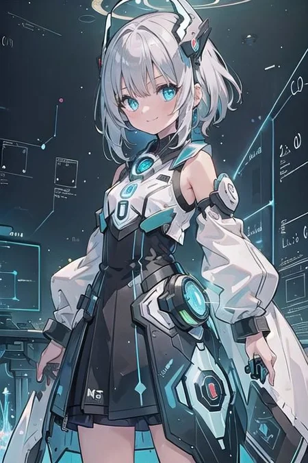(masterpiece), (science fiction:1.4), 1girl, standing, smile, silver hair, aqua eyes, headgear, long sleeves, detached sleeves, glowing energy clothing, light particles