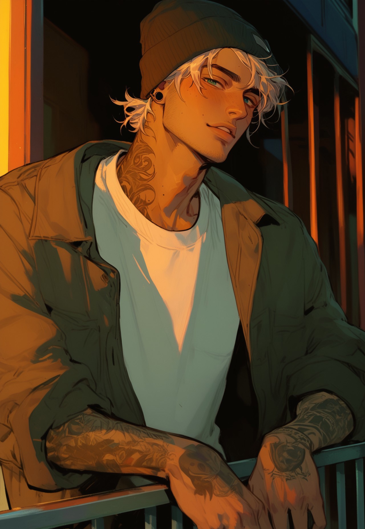 Score_9, score_8_up, score_7_up, score_6_up, score_5_up, score_4_up, a man with tattoos leaning against balcon railing leaning with both hands on railing, 1boy, tattoo, male focus, solo, shirt, jacket, hat, arm tattoo, railing, beanie, looking at viewer, white shirt, parted lips, jewelry