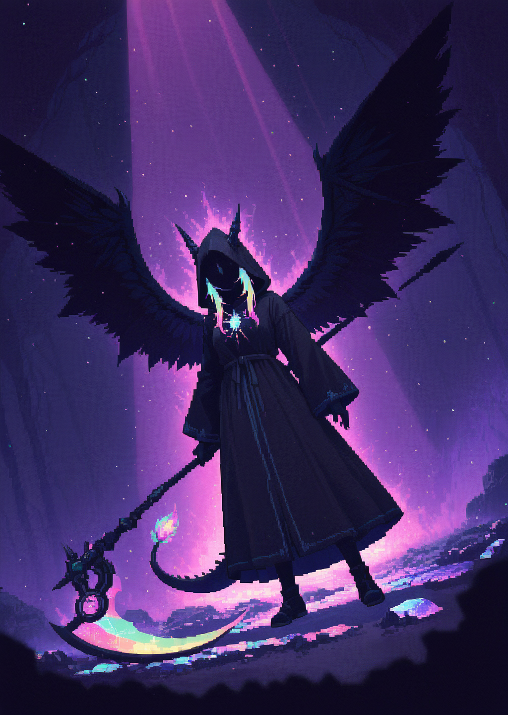 scythe, Dragon girl, 1girl, dynamic angle, black wings, crystal dragon girl, black robe, dragon tail, holding sickle, energy kama \(weapon\), dark theme, onyx crystals, Depth of field, 4k wallpaper, deep shadows, grim reaper, [(Chiaroscuro background:1.2)::0.2], (dark aura background:1.2),
 pastel pixel art, soft neon glow, dreamy aesthetic, iridescent highlights, vaporwave fantasy, ethereal colors, retro pixel style, gentle pixel shading, luminous reflections
,<lora:Pastel_Pixel_Art_r1:1>,
vibrant, light particles, light rays, dust particles, directional light, detailed background, ambient occlusion, (scenery:1.2, volumetric lighting) distant bright light source ,masterpiece,best quality,amazing quality,