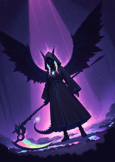scythe, Dragon girl, 1girl, dynamic angle, black wings, crystal dragon girl, black robe, dragon tail, holding sickle, energy kama \(weapon\), dark theme, onyx crystals, Depth of field, 4k wallpaper, deep shadows, grim reaper, [(Chiaroscuro background:1.2)::0.2], (dark aura background:1.2),
 pastel pixel art, soft neon glow, dreamy aesthetic, iridescent highlights, vaporwave fantasy, ethereal colors, retro pixel style, gentle pixel shading, luminous reflections
,<lora:Pastel_Pixel_Art_r1:1>,
vibrant, light particles, light rays, dust particles, directional light, detailed background, ambient occlusion, (scenery:1.2, volumetric lighting) distant bright light source ,masterpiece,best quality,amazing quality,