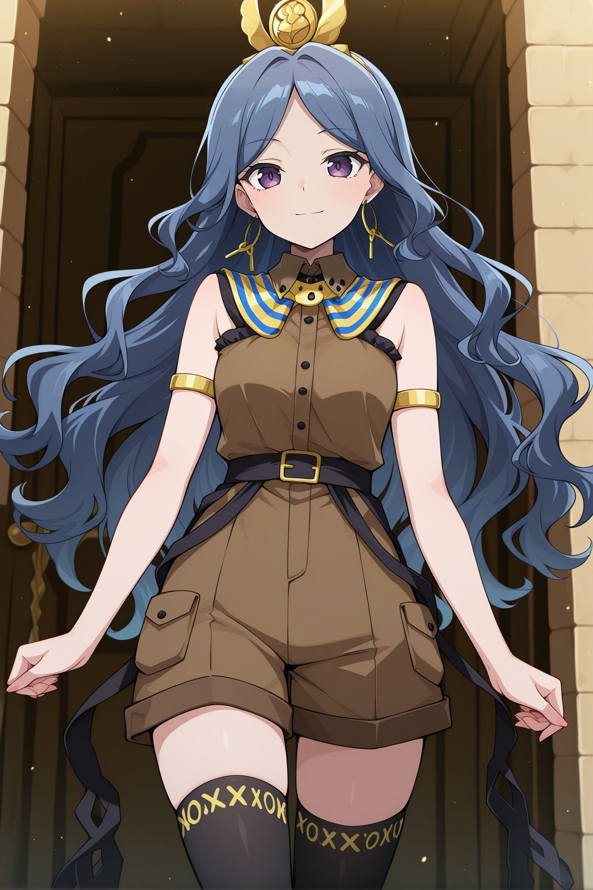 absurdres, highres, masterpiece, best quality, amazing quality, official anime artwork, screencap, anime screencap, outdoors, light smile, 
 <lora:Ubame-Chirizuka_Illustrious:1> chirizuka ubame, 1girl, solo, purple eyes, blue hair, long hair, wavy hair,,  alternate costume, gold headdress, hair ornament, hoop earrings, usekh collar, gold jewelry, brown shirt, gold armlet, brown shorts, black thighhighs, <lora:Nareko-Michigami_Illustrious:0.5>