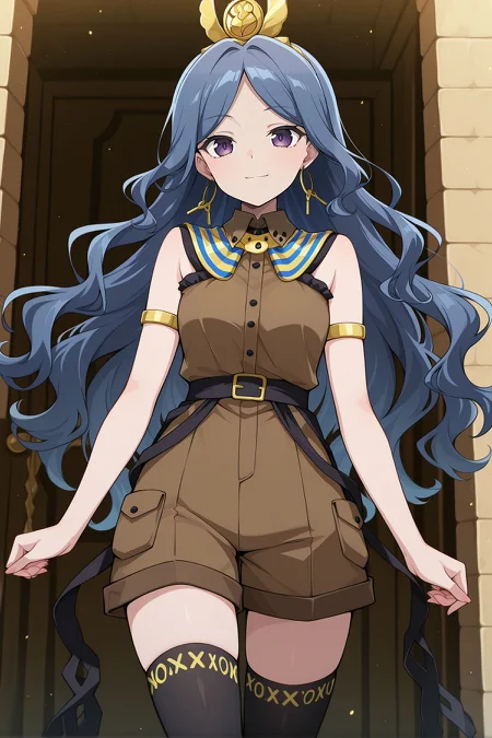 absurdres, highres, masterpiece, best quality, amazing quality, official anime artwork, screencap, anime screencap, outdoors, light smile, 
 <lora:Ubame-Chirizuka_Illustrious:1> chirizuka ubame, 1girl, solo, purple eyes, blue hair, long hair, wavy hair,,  alternate costume, gold headdress, hair ornament, hoop earrings, usekh collar, gold jewelry, brown shirt, gold armlet, brown shorts, black thighhighs, <lora:Nareko-Michigami_Illustrious:0.5>