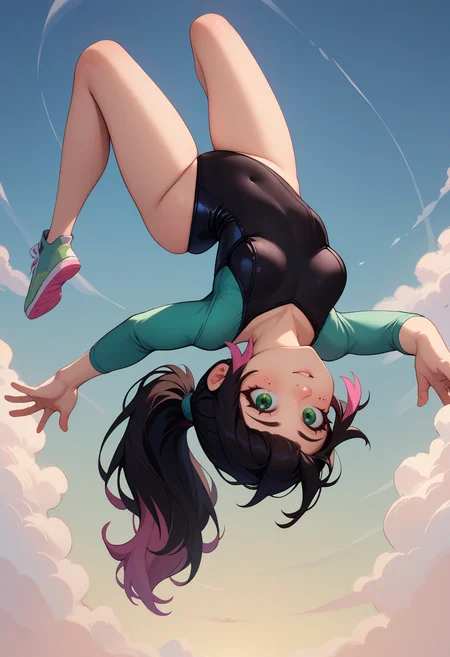 score_9, score_8_up, score_7_up BREAK 1girl, black hair, pink dyed hair, bangs, ponytail, green eyes, freckles, leotard, <lora:Backflip_XLPD:1> upside-down, backflip
