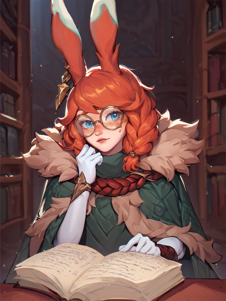 score_9, score_8_up, score_7_up, <lora:Aurora:1>, aurora (league of legends), 1girl, freckles, bangs, braid, green cloak, fur trim,  library, round eyewear, white gloves, rabbit ears, earrings, open book