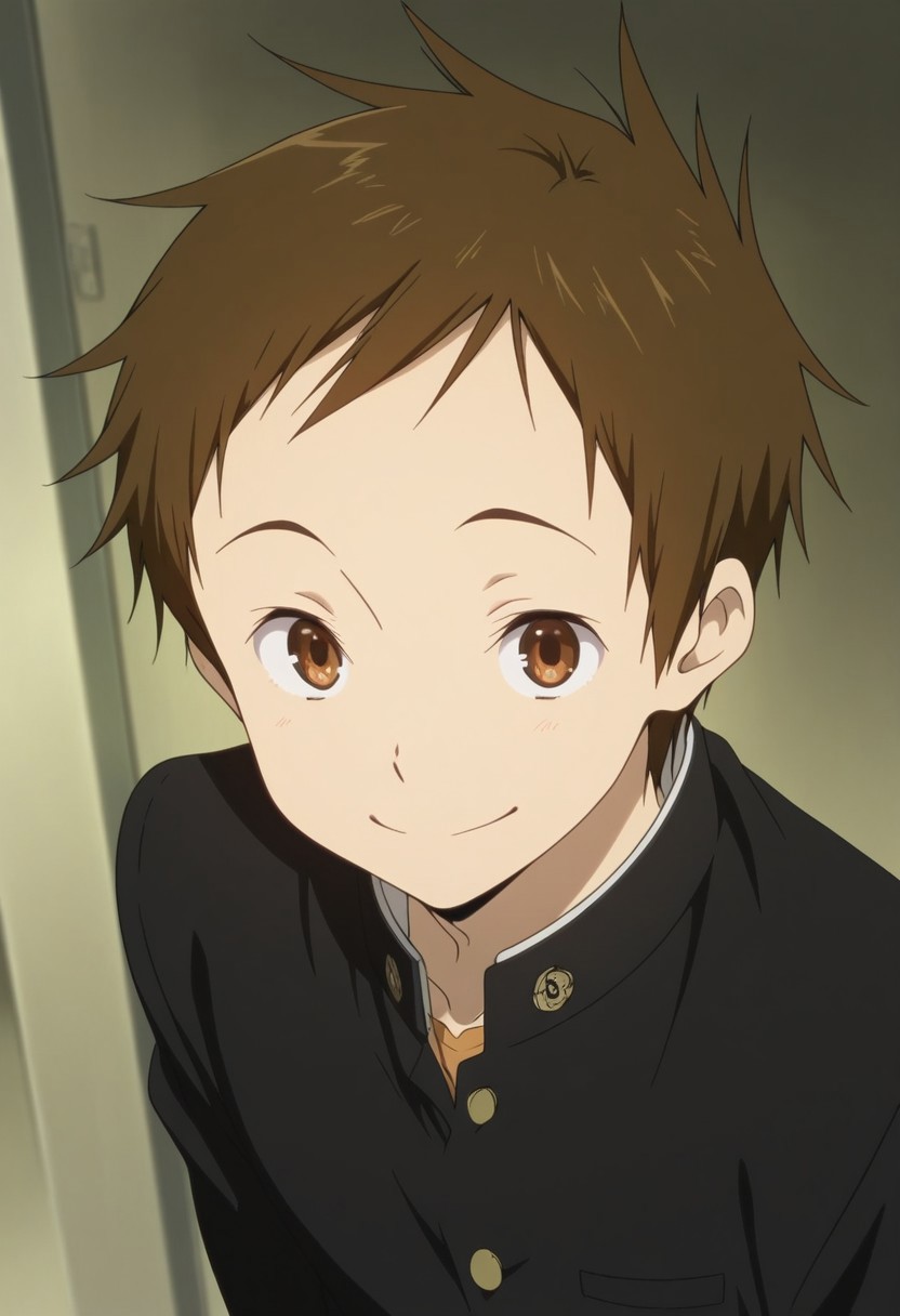 masterpiece,best quality,amazing quality, source_anime,
SatosFukube, 1boy, male focus, solo, brown eyes, brown hair, school uniform, gakuran, jacket, black jacket, buttons,  smile, happy,