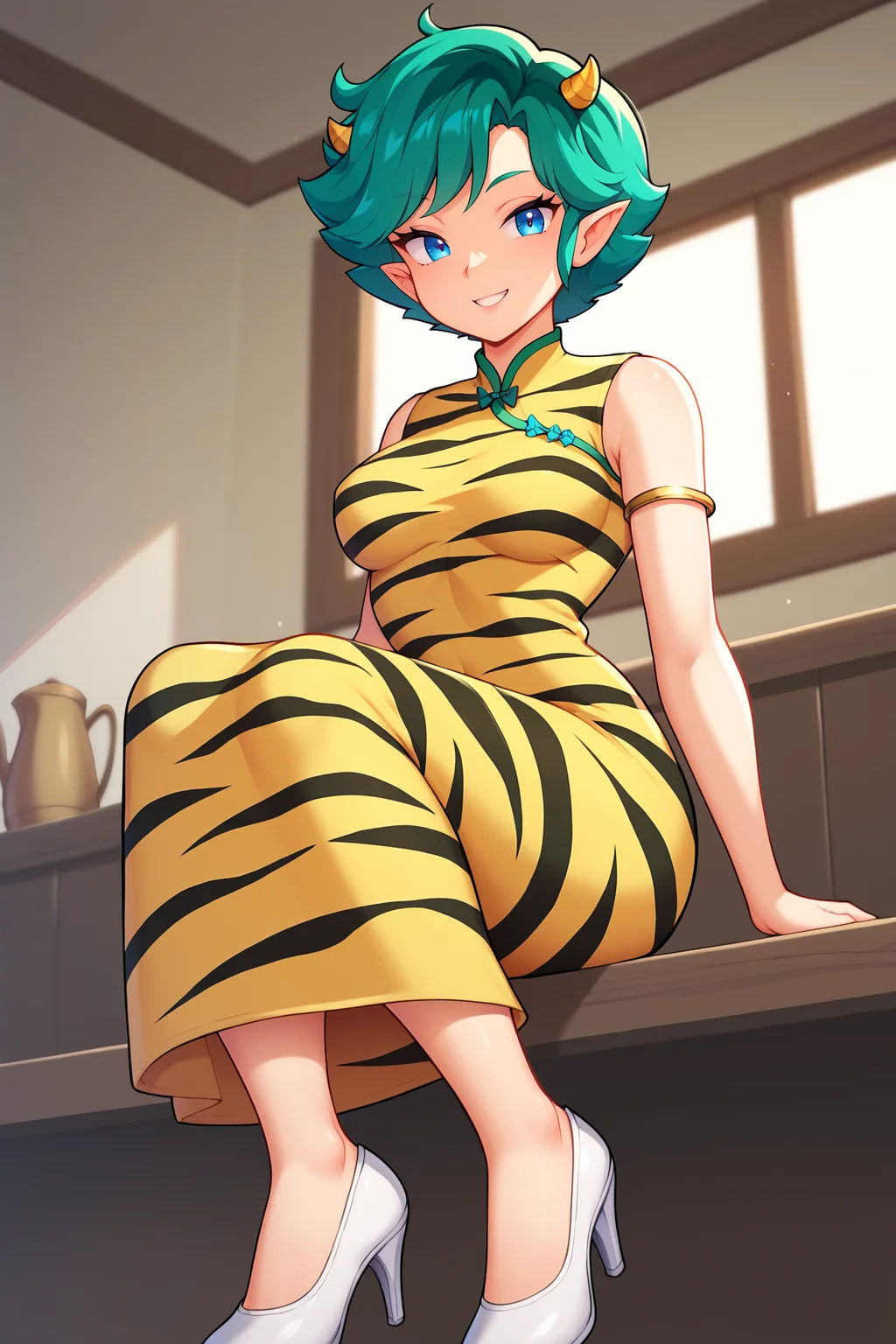 score_9, score_8_up, score_7_up, score_6_up, BREAK, LumMotherUYXL, blue eyes, green hair, short hair, bangs, yellow horns, short pointy ears, medium breasts, tiger print, yellow dress, sleeveless dress, white high heels, solo, full body, sitting, bellow view, seductive smile, looking at viewer, indoors <lora:LumMotherUYXL:1>