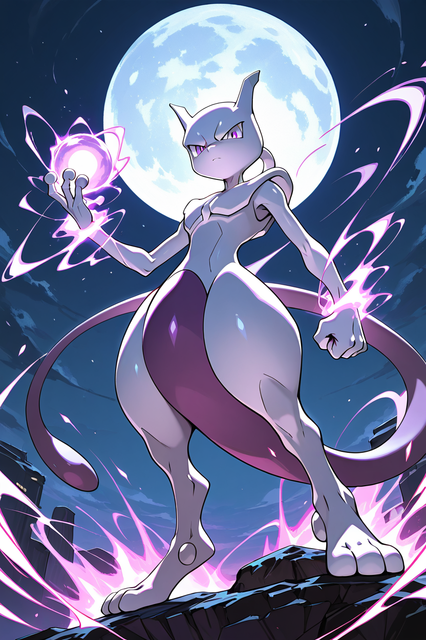 masterpiece, best quality,    <lora:MewtwoPokedexIXL:1.0>,    zzMewtwo, looking at viewer, closed mouth, standing, purple eyes, full body, outdoors, sky, hand up, toes, night, moon, from below, clenched hand, energy, abstract background,