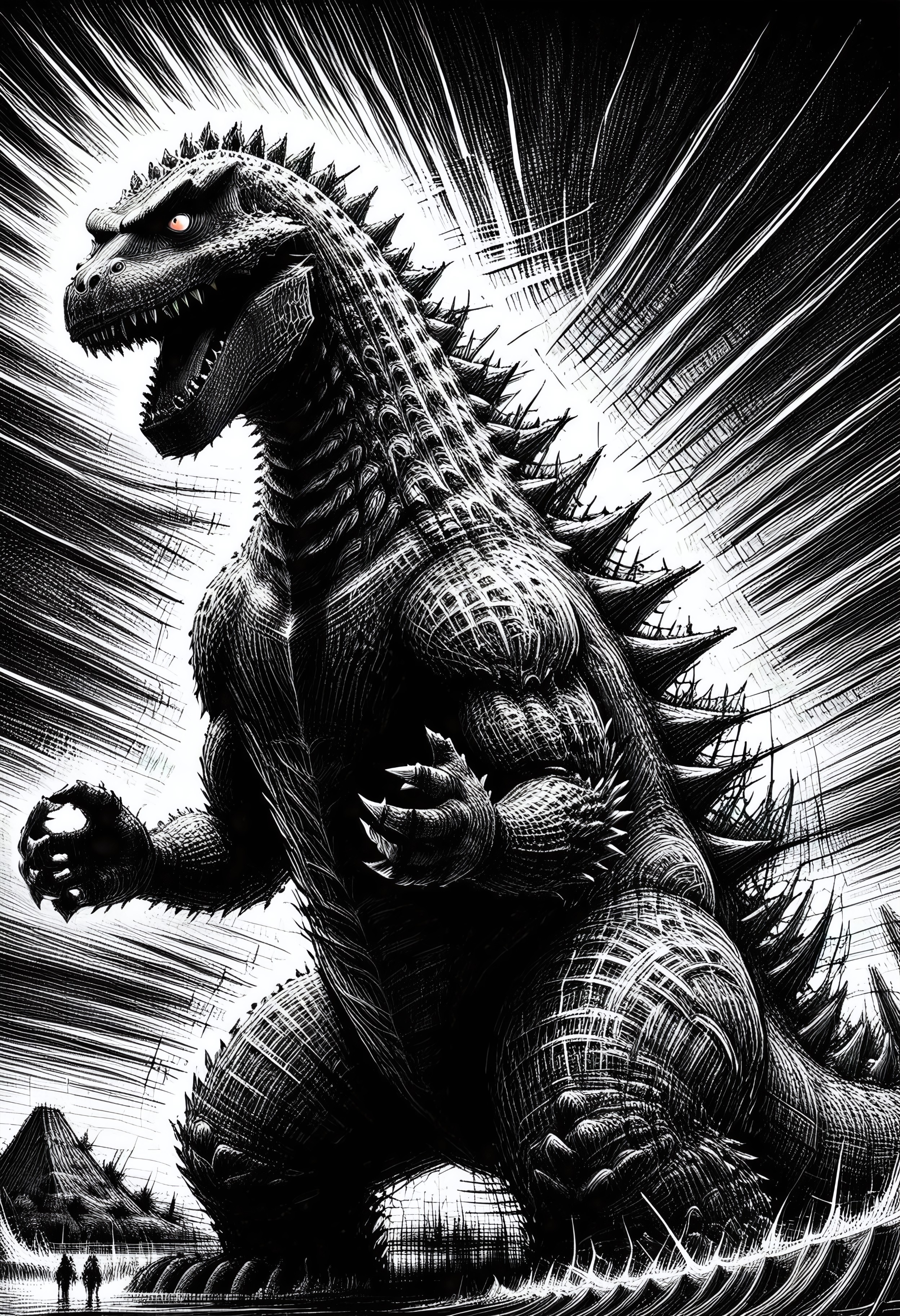 ScribbleRay, black and white with splashes of color, doodle, scribble, sketch, intricate details, traditional media, rough, Nuclear Explosion style, a sketchy nuclear explosion, backlight 1monster, silhouette, solo, giant dinosaur Godzilla, sharp teeth, spines, dorsal plates, slender, fit, feral, in the inky ocean, extremely detailed.