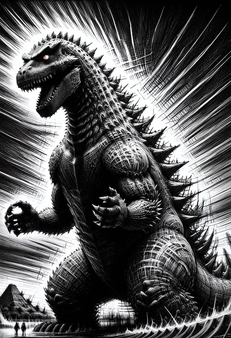 ScribbleRay, black and white with splashes of color, doodle, scribble, sketch, intricate details, traditional media, rough, Nuclear Explosion style, a sketchy nuclear explosion, backlight 1monster, silhouette, solo, giant dinosaur Godzilla, sharp teeth, spines, dorsal plates, slender, fit, feral, in the inky ocean, extremely detailed.