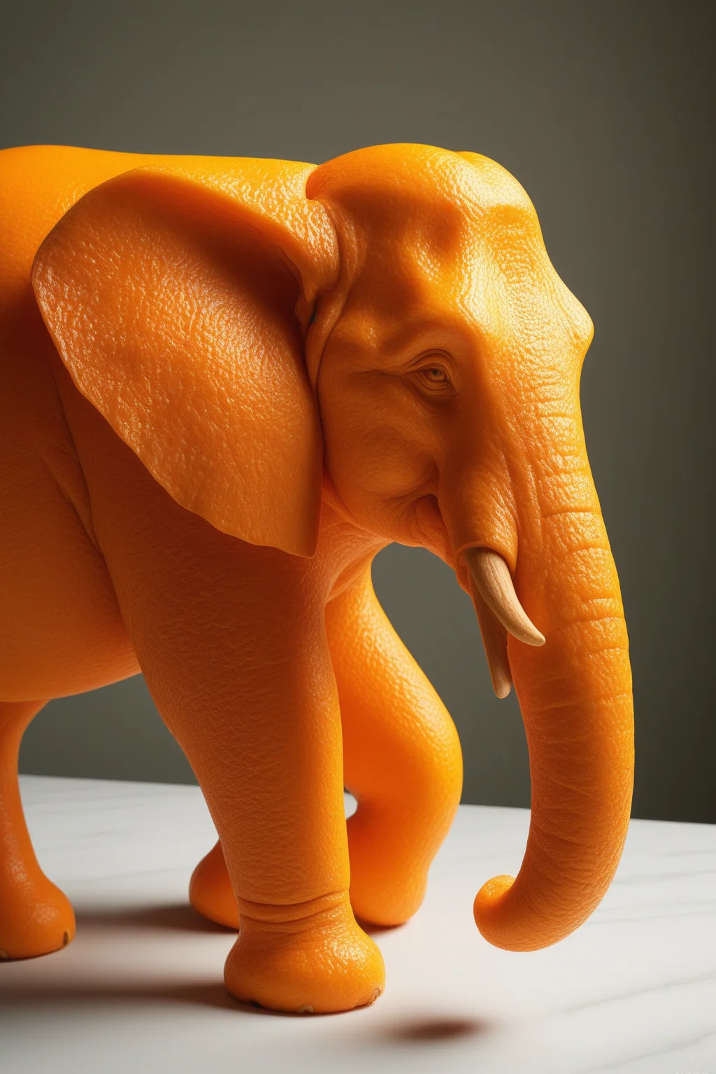 high quality,masterpiece,ultra-high resolution,incredible composition,extremely detailed, <lora:Orange_Peel:0.8>, A towering elephant crafted from orange peel, its thick, bumpy citrus skin forming a realistic yet surreal texture across its massive body. The elephantâs trunk curls delicately, with fine peel details catching the light. Shot in high-definition close-up, emphasizing the orange peelâs natural sheen and rugged surface. The background features a professional food photography aesthetic with a clean white marble surface, soft ambient lighting, and minimalistic citrus-themed props like halved oranges and a sprig of mint, evoking a fresh and elegant vibe.