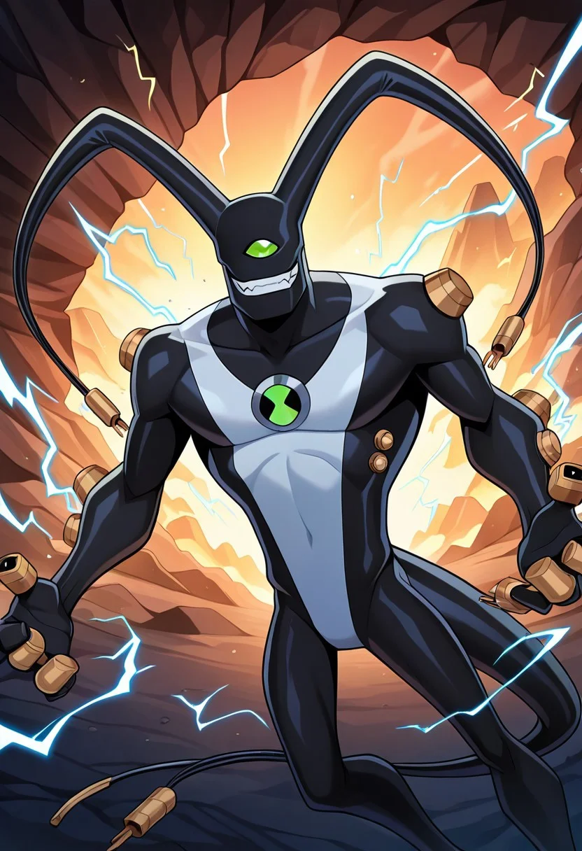 masterpiece, best quality, amazing quality, very aesthetic, absurdres, newest
feedback, solo, smile, , tail, 1boy, no humans, green eye, single eye, , digimon (creature), black skin, , alien, , , cables, ,
dynamic pose, electricity, electrocution, upper body,