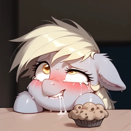 rating_explicit, score_9, score_8_up, score_7_up, pony, feral, Derpy Hooves, cross-eyed, uneven eyes , embarrassed expression, biting her lower lip, eating muffin, trying to hold it in, muffin on the table, blush, rolling eyes, tears, indoors, detailed, realistic, BREAK, full body