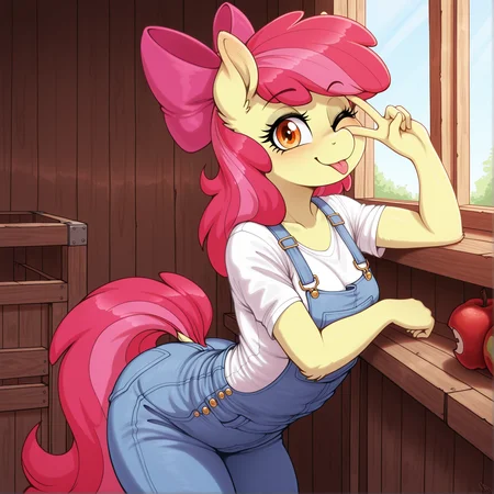 masterpiece, best quality, amazing quality,detailed eyes,ByReplica, furry, furry female, body fur,1girl,solo, apple bloom,pony,my little pony, white shirt, small breasts, overalls,inside barn, victory pose, v, tongue out,arched back,looking at viewer,,one eye closed ,v over eye,orange eyes,standing,cowboy shot,,leaning forward, window, arm rest<lora:Replica_Style_v2:1>