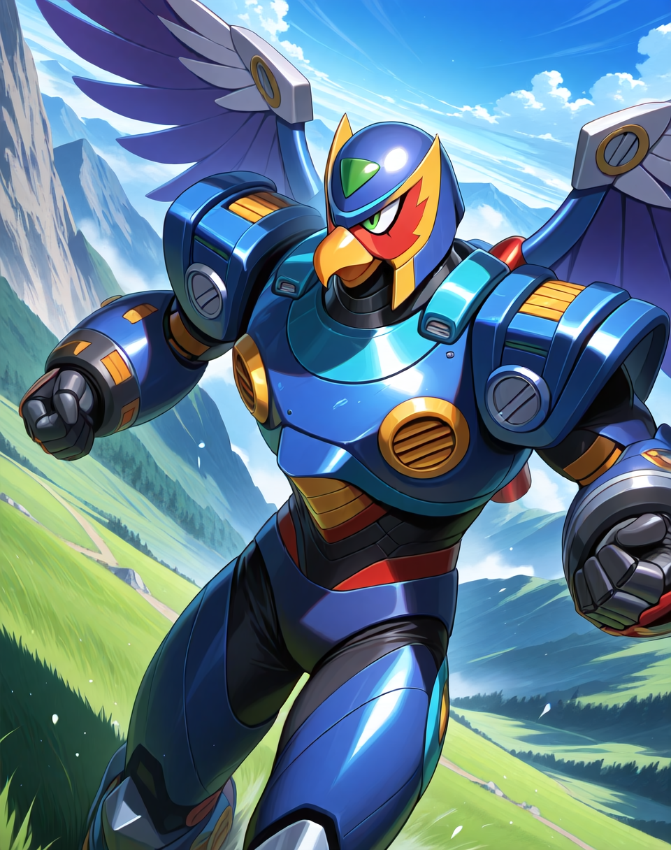 <lora:Storm_Eagle_(Mega_Man_X)_(Illustrious)_(AD):1> Storm Eagle, reploid, MMX, 
exterior, blue sky with clouds, mountain valley, grassy valley, 
dutch angle, dynamic action, cowboy shot, side view, 
male focus, intense shadows, dynamic shadows, intricate details, attention to details, gradient coloring, robot, beak, hyper muscular, handsome, dashing, smile, bright vivid colors, deep metallic colors, glossy metal body, 
BREAK very awa, masterpiece, best quality, amazing quality, very aesthetic, highres, absurdres, 
EZRealPONYXL, zPDXL, Smooth Quality, lazynsfw,